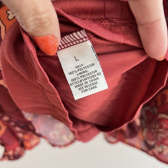 AURA Red Paisley Blouse Tie Neck Flowy Balloon Sleeves Top Large Women’s NWT - Picture 7 of 9